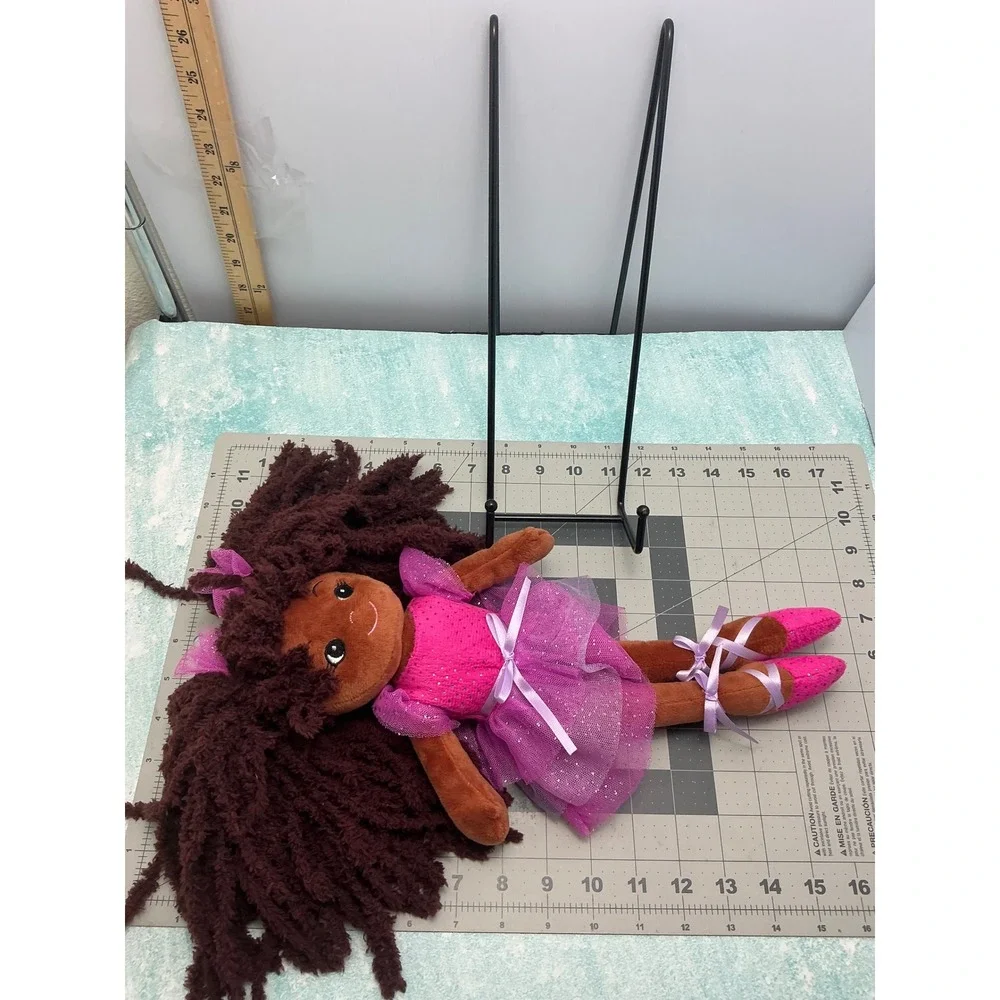 Plush Ballerina Doll Pink Purple Tutu Brown Yarn Hair Sequin Sparkle 17 Inch